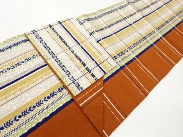  本場筑前博多変わり格子に幾何学模様織出し名古屋帯